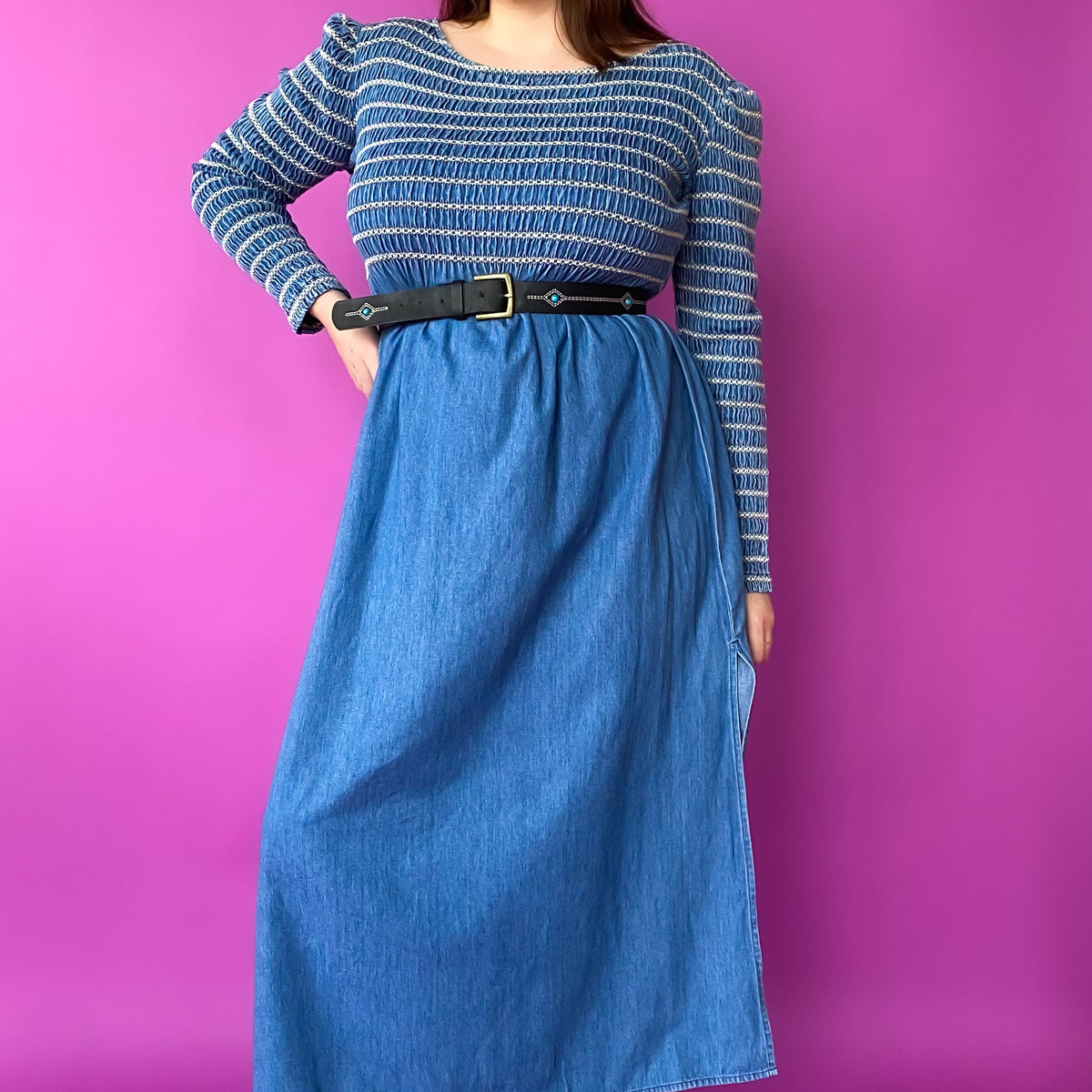 long sleeve denim smock dress 1990s Long Sleeve Smocked Denim Maxi Dress, sz. XL