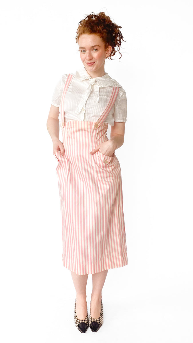 pink overall dress 1940s Pink Striped Suspender Skirt Dress, sz. S