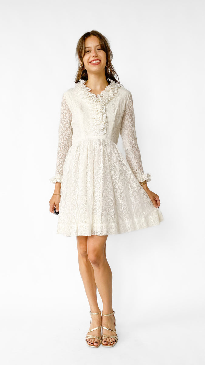 1960s White Lace Long Sleeve Mini Dress, sz. S