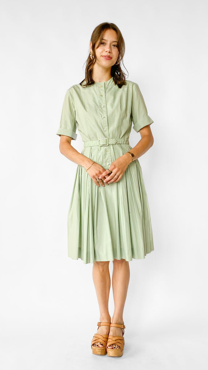 1950s Sage Green Cotton Belted Shirt Dress, sz. S