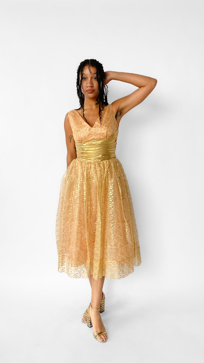1960s Peach and Gold Tulle Party Cocktail Dress, sz. S 1960s Peach and Gold Tulle Party Cocktail Dress, sz. S