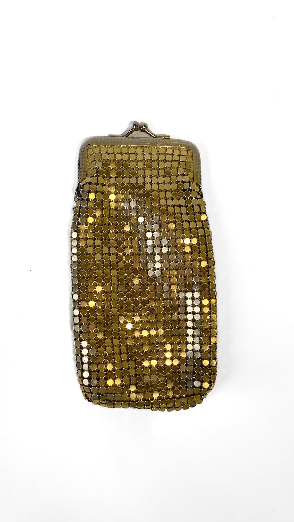 Gold mesh sunglass case on a white background