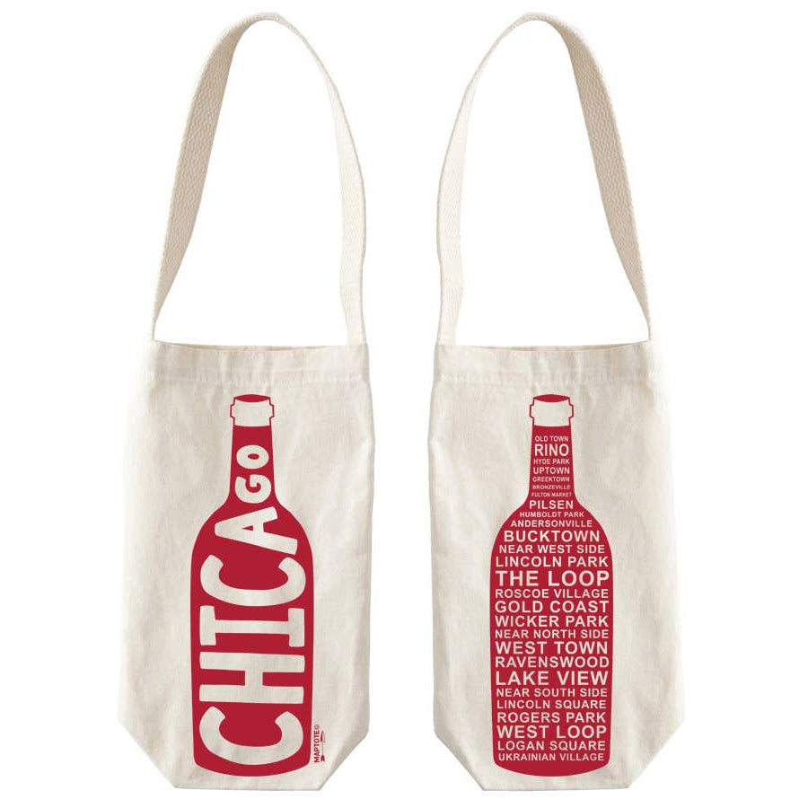 Two beige canvas wine totes with red text, one displaying 'CHICAGO' in large letters and the other showing a silhouette of a wine bottle with text.