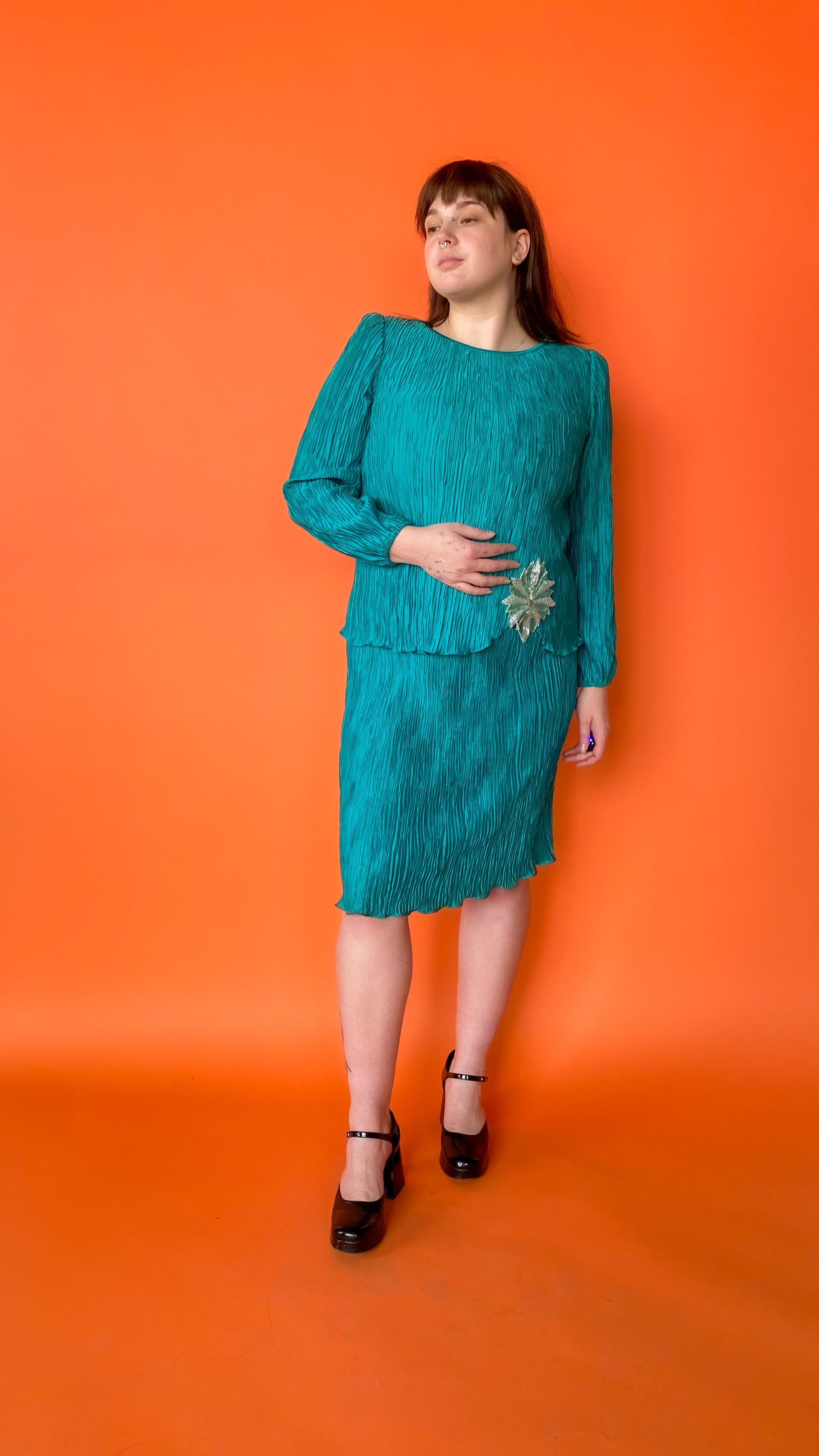 1980s Turquoise Long Sleeve Drop Waist Dress with Beaded Flower Appliqué , Sz. XL