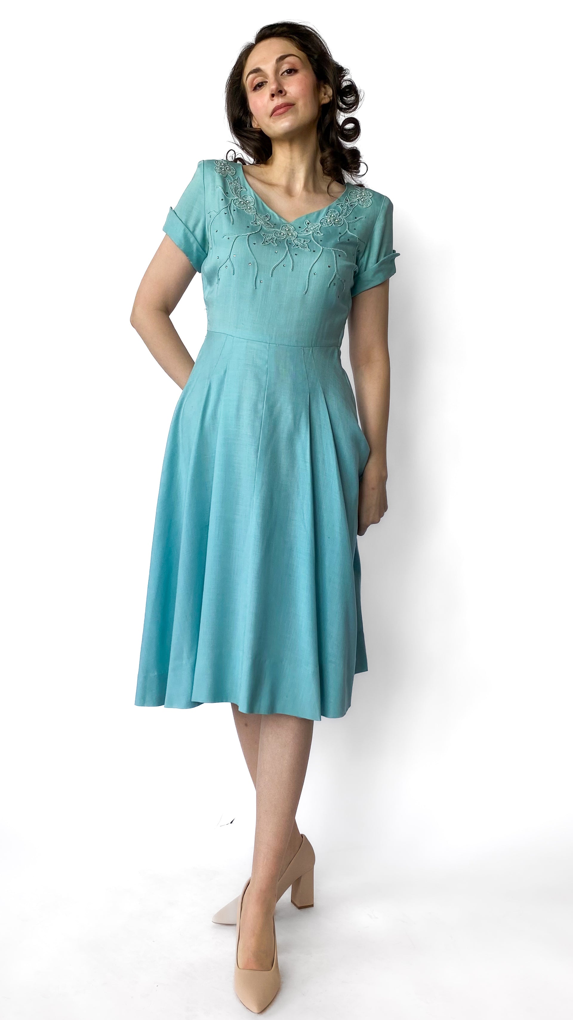 1950s fit and flare dress Light Blue Jeweled Dress, sz. S/M – Lost Girls Vintage 3 tier Petticoat so it must go Color:COGNAC the perfect spring/summer dress🌿🌸