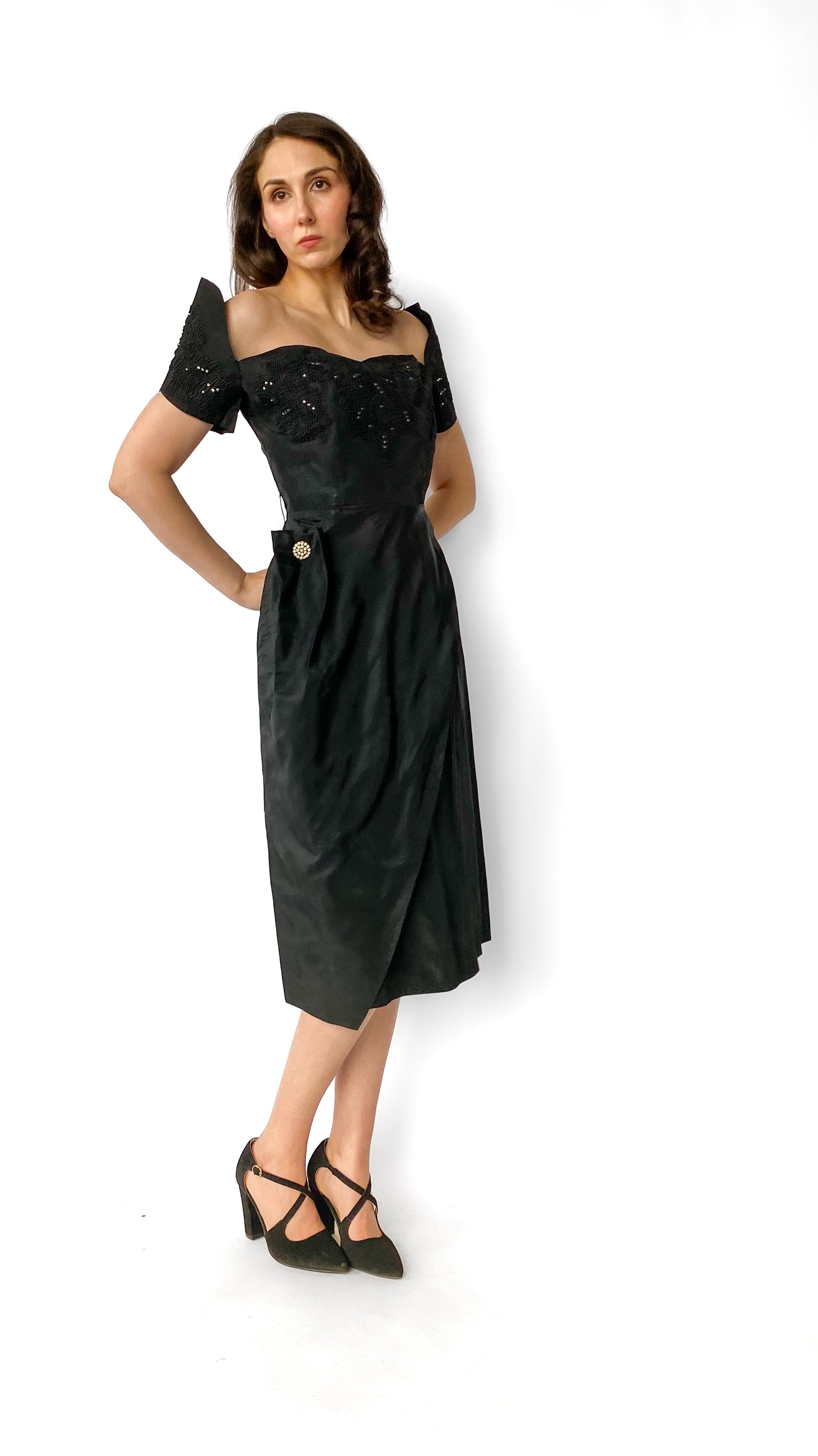 1950s Jeweled Black Dress, sz. S