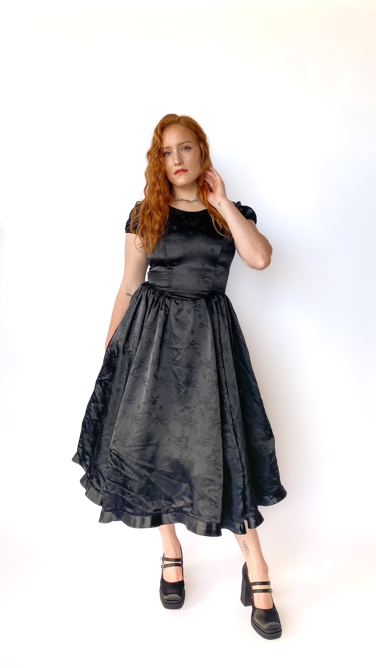 1980s black dress Satin Princess Seam sz. S/M Size:43 / US 17 (All measurements in cm MLOVED Infinity Wrap Cardigan -