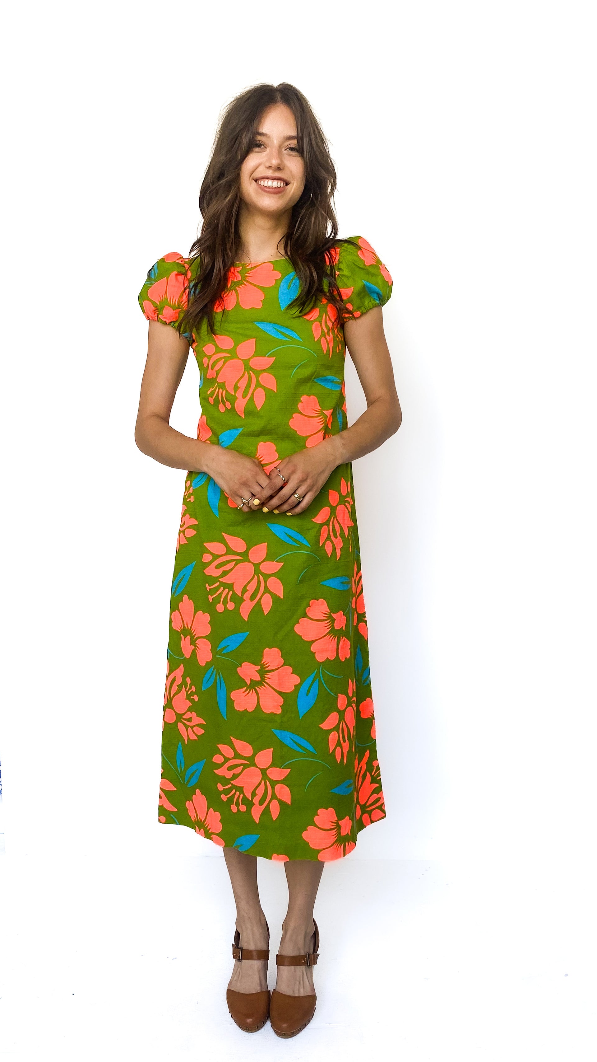 hawaiian midi dress 1960s Green Tropical Dress, sz. S Color:CERAMIC-90STERRY no tag but matches Heels & Wedges Lady Dress Elegance is