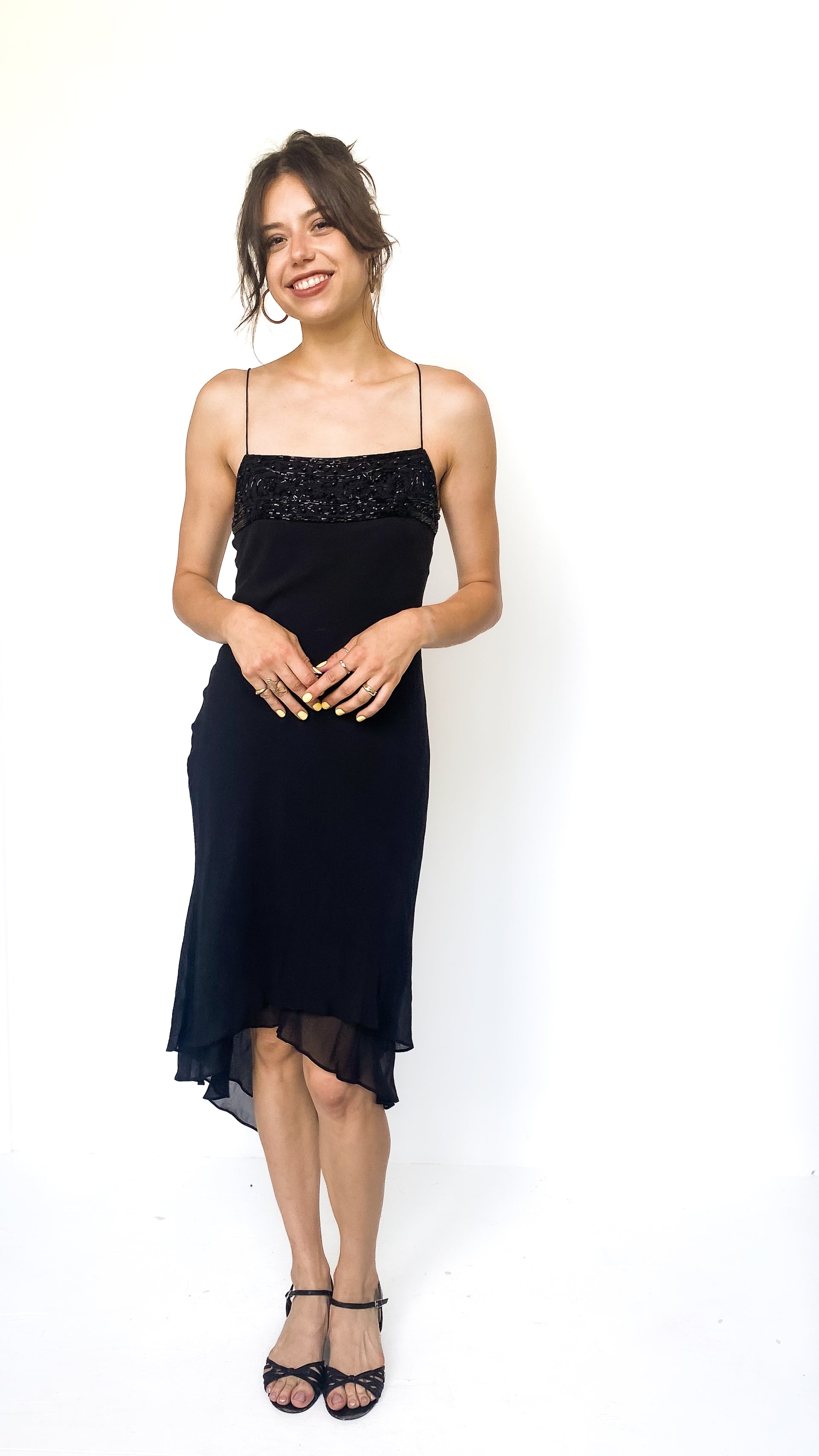 Y2K Black Silk Beaded Bias Cut Cocktail Length Dress, sz. XS