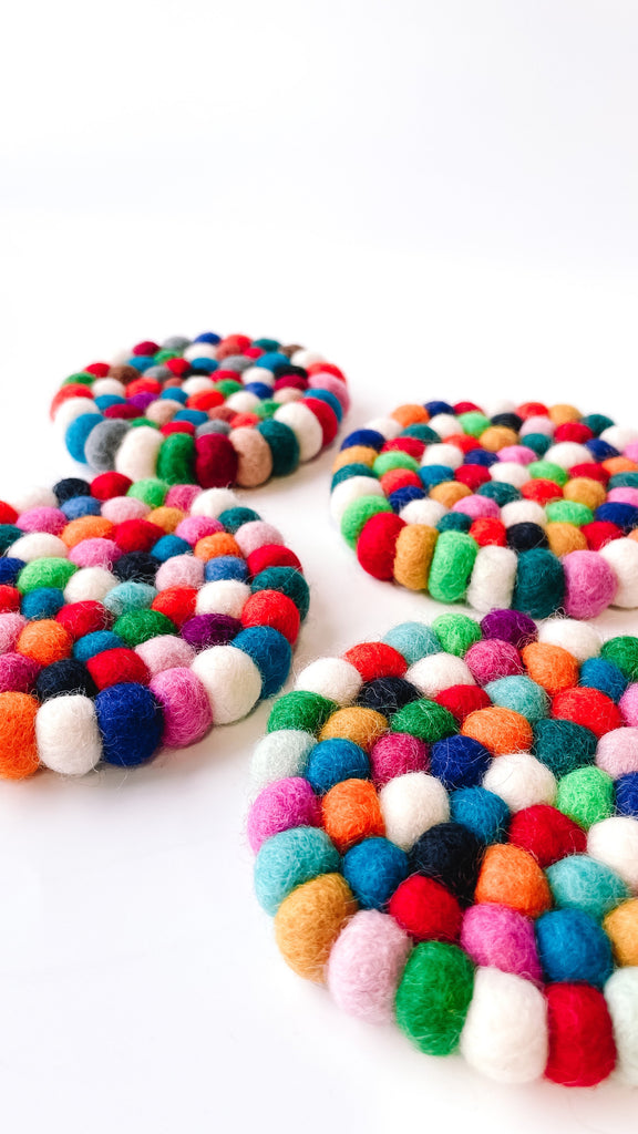 Felted Wool Pompom Coasters, set of 4