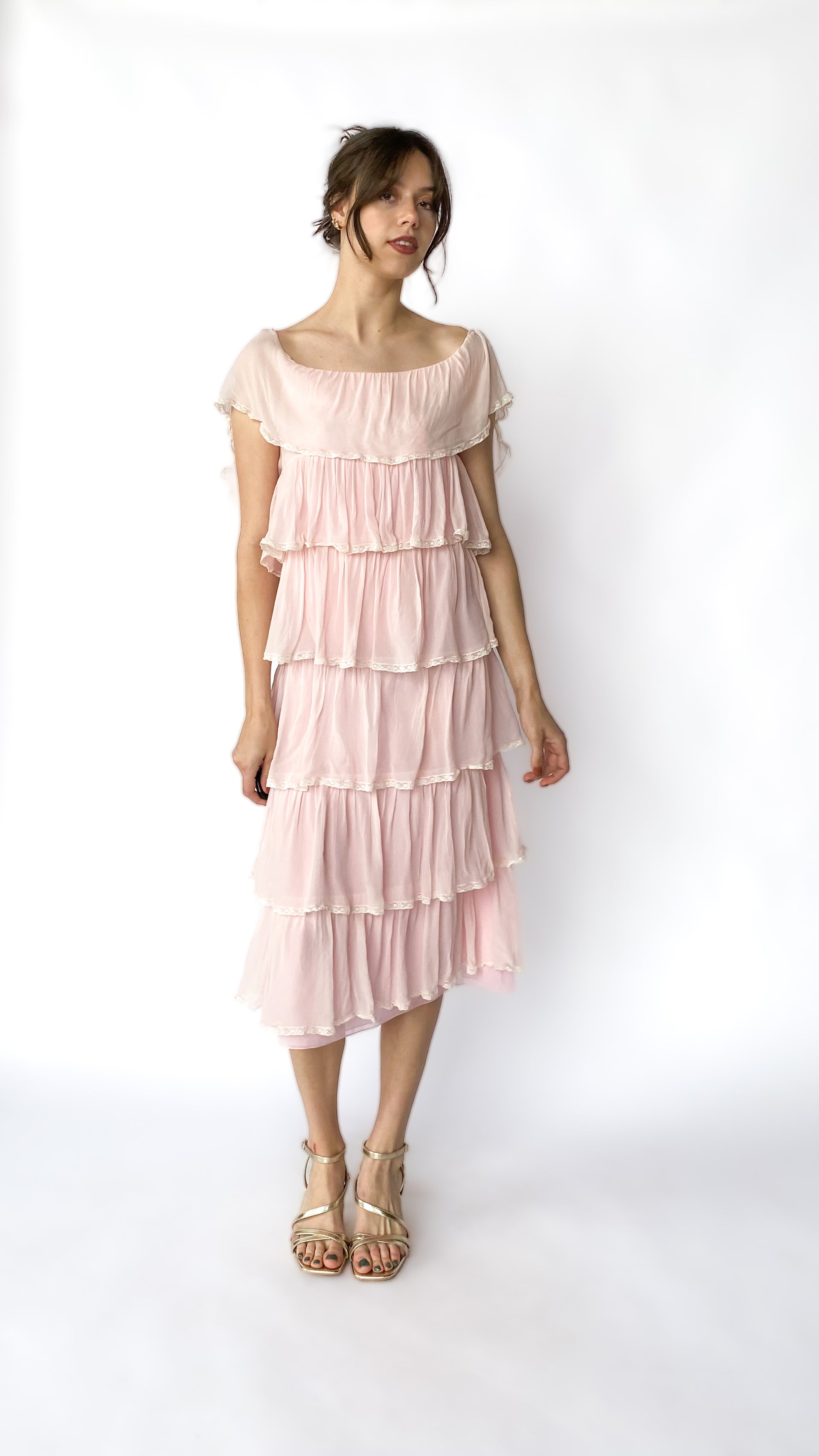 open lace back dress 1970s Pale Pink Ruffled Dress, Sz. XXS