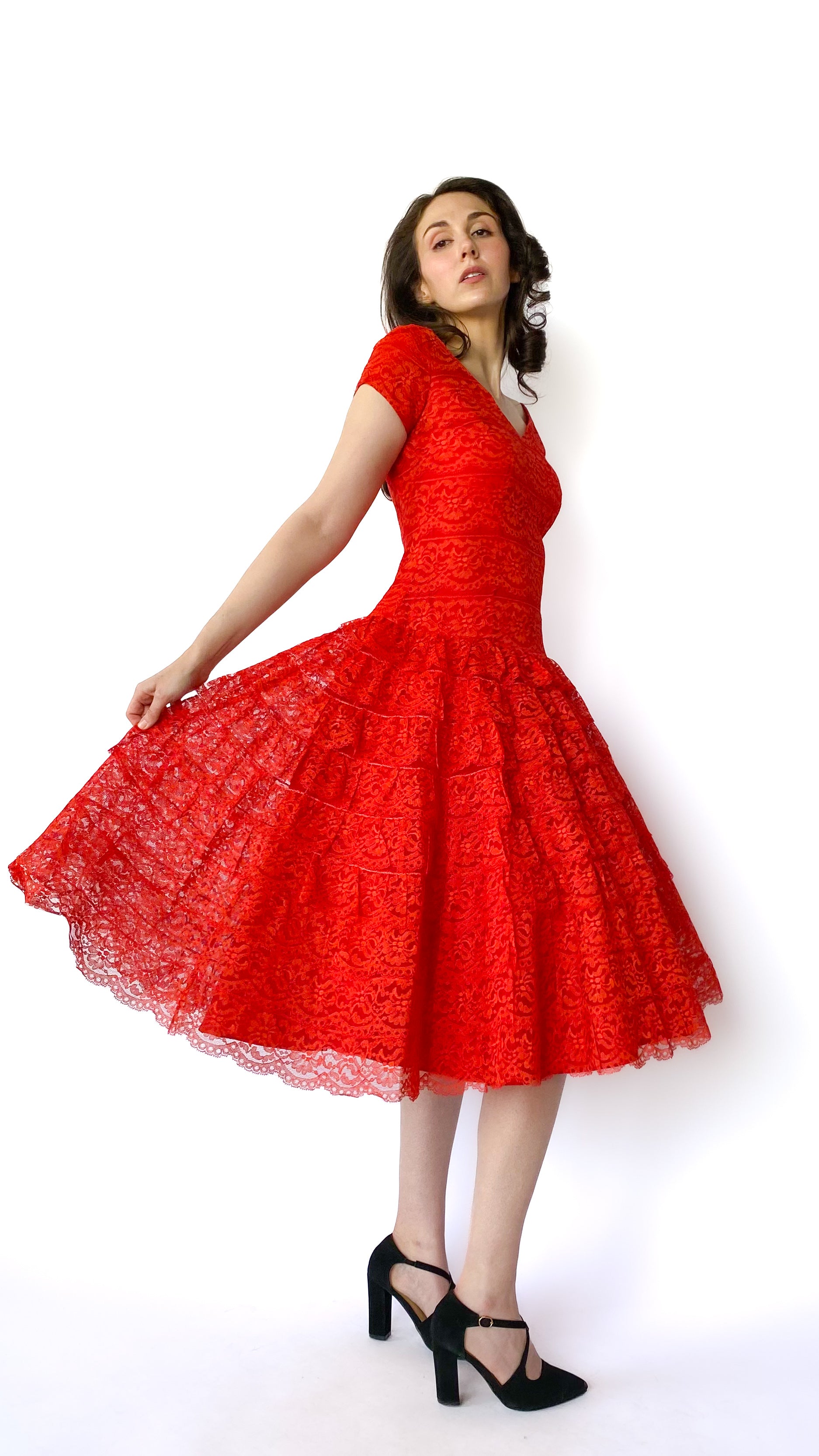 1950s Red Orange Ruffle Lace Party Dress, Sz. S 1950s Red Orange Ruffle Lace Party Dress, Sz. S