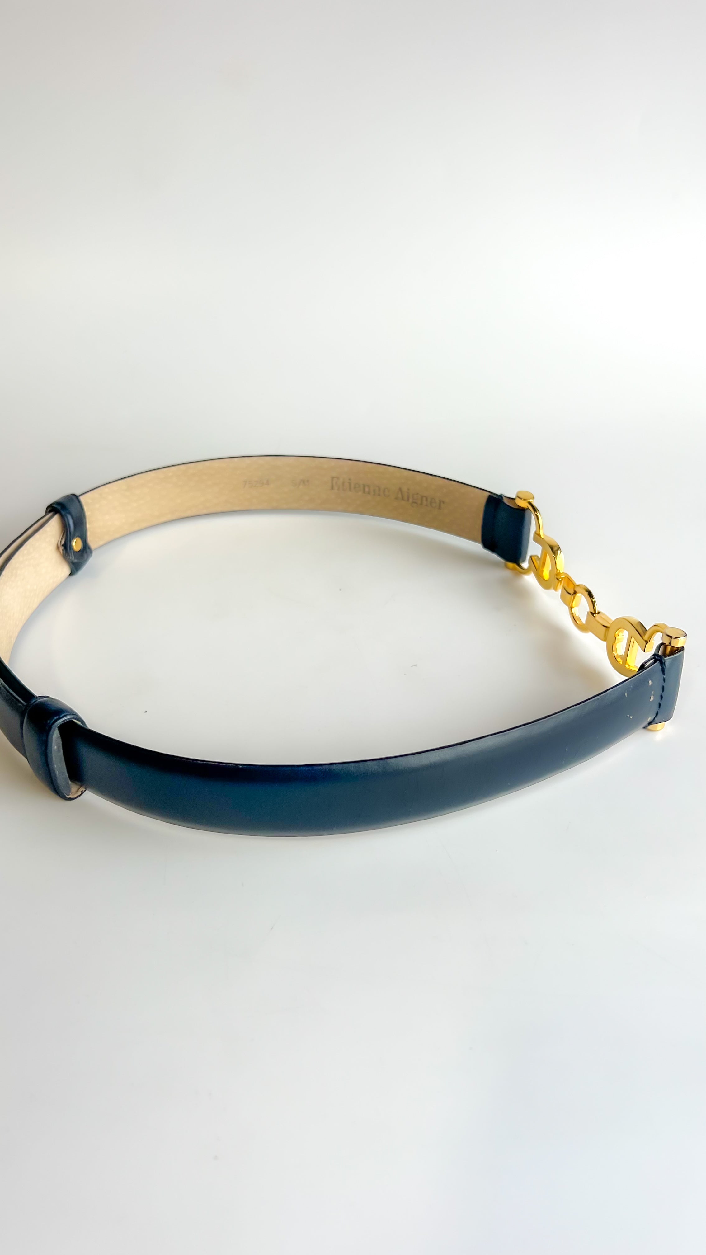 Navy Leather and Brass Etienne Aigner Belt Lost Girls Vintage