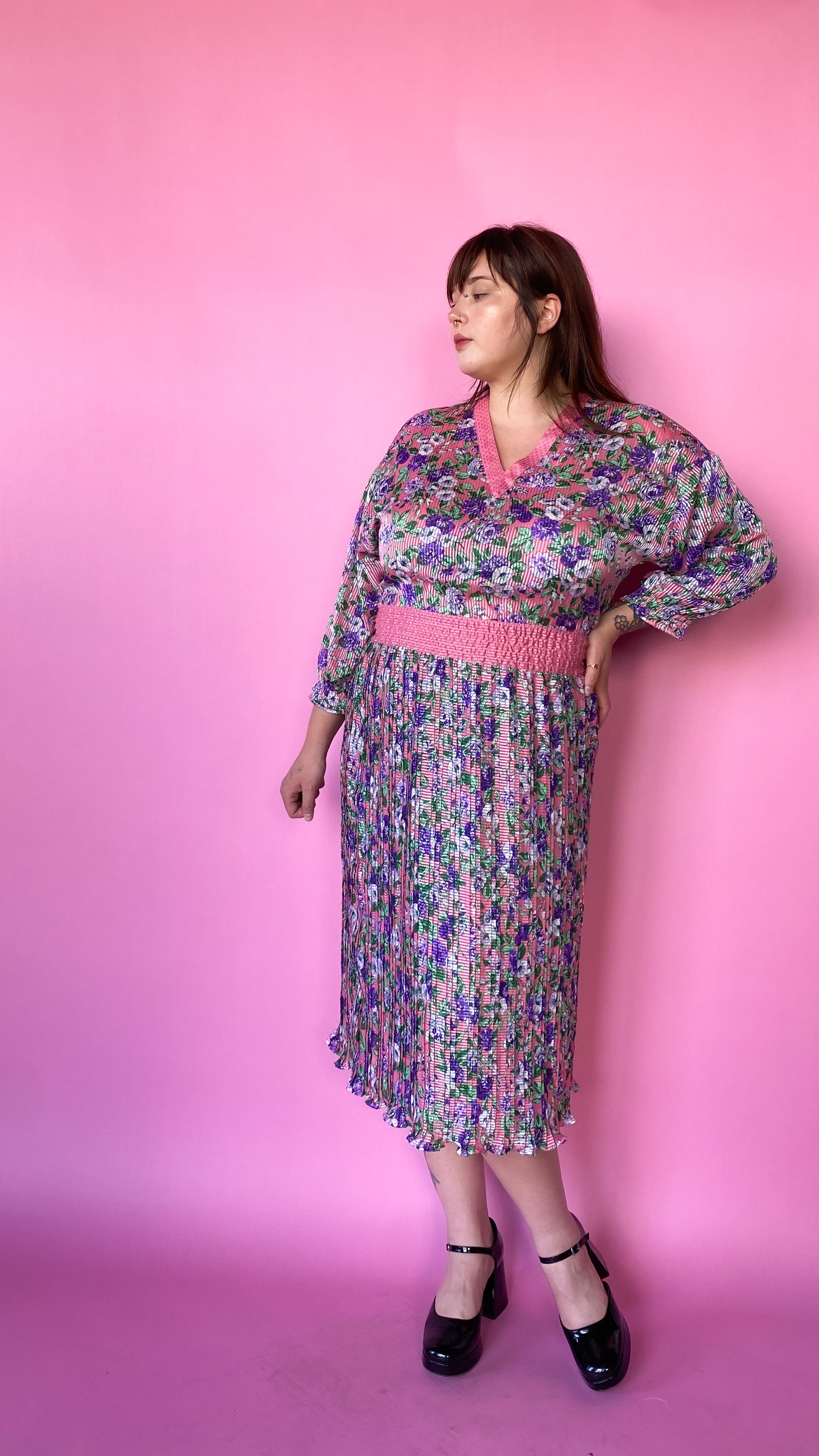 vintage purple floral dress Vintage Dark Purple Floral Prairie Midi Dress Selected by The Curatorial Dept