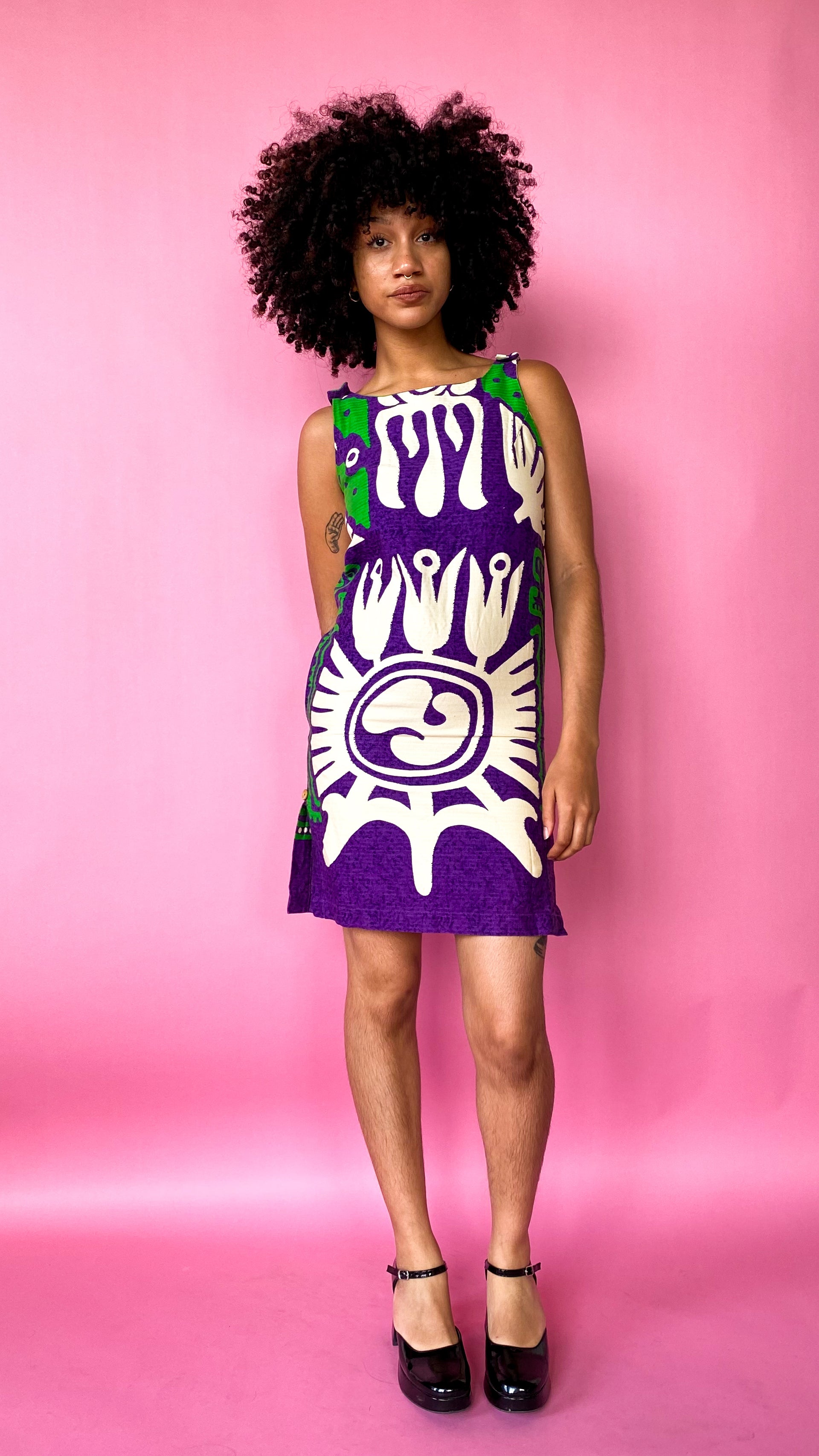 1960s Purple and Cream Geometric Shift Dress, sz. XS – Lost Girls Vintage