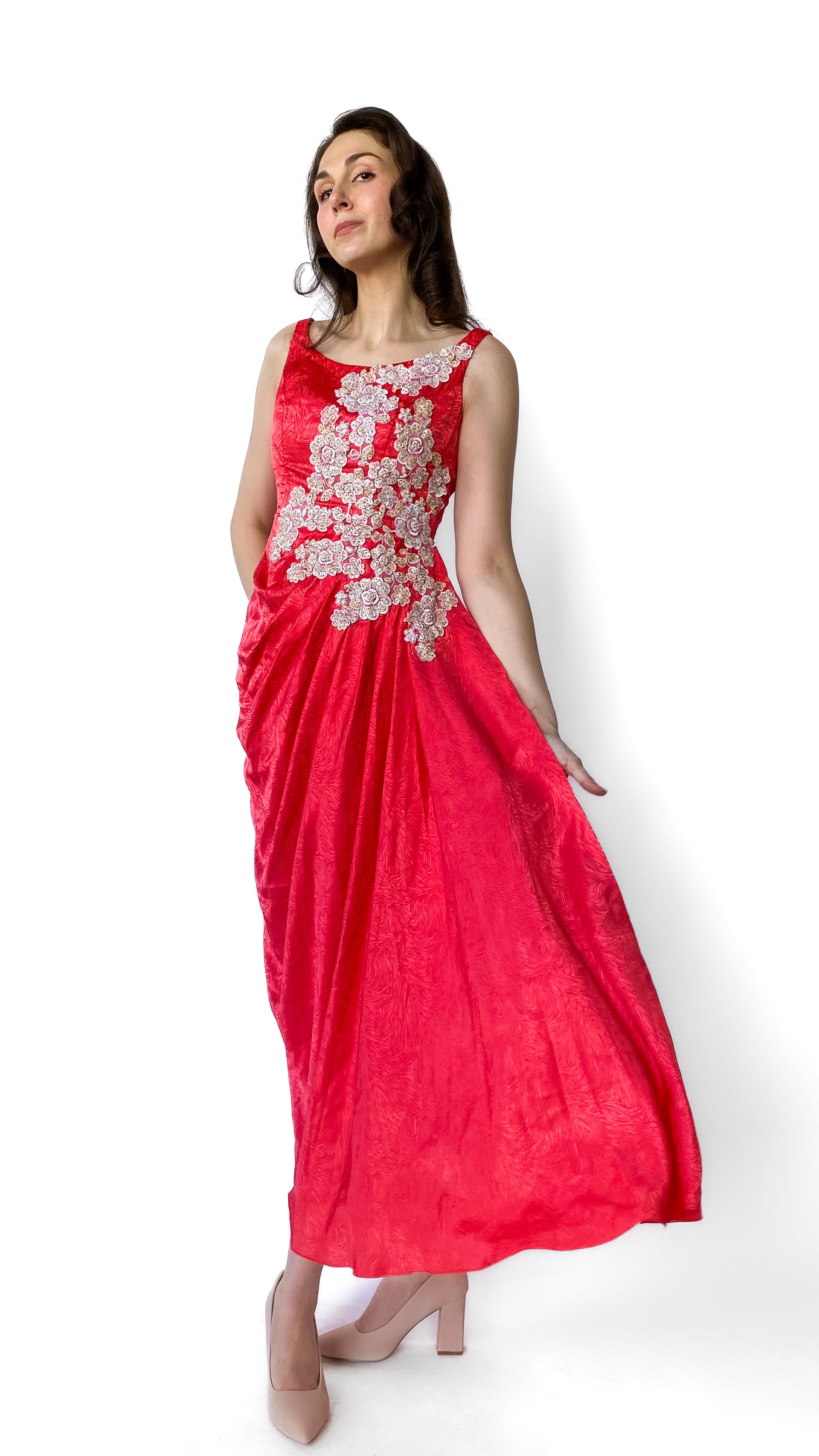 1960s Coral & White Sequin Floral Dress, sz. S 1960s Coral & White Sequin Floral Dress, sz. S