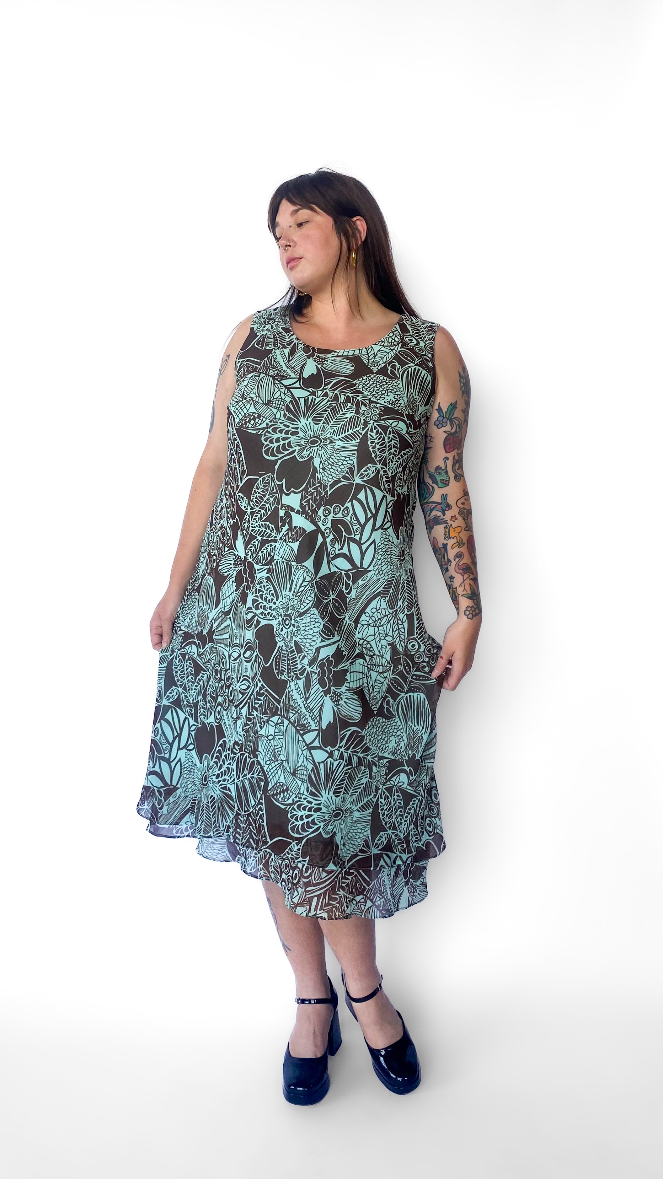 Y2K Blue and Brown Geometric Floral Dress, sz. 1XL Y2K Blue and Brown Geometric Floral Dress, sz. 1XL