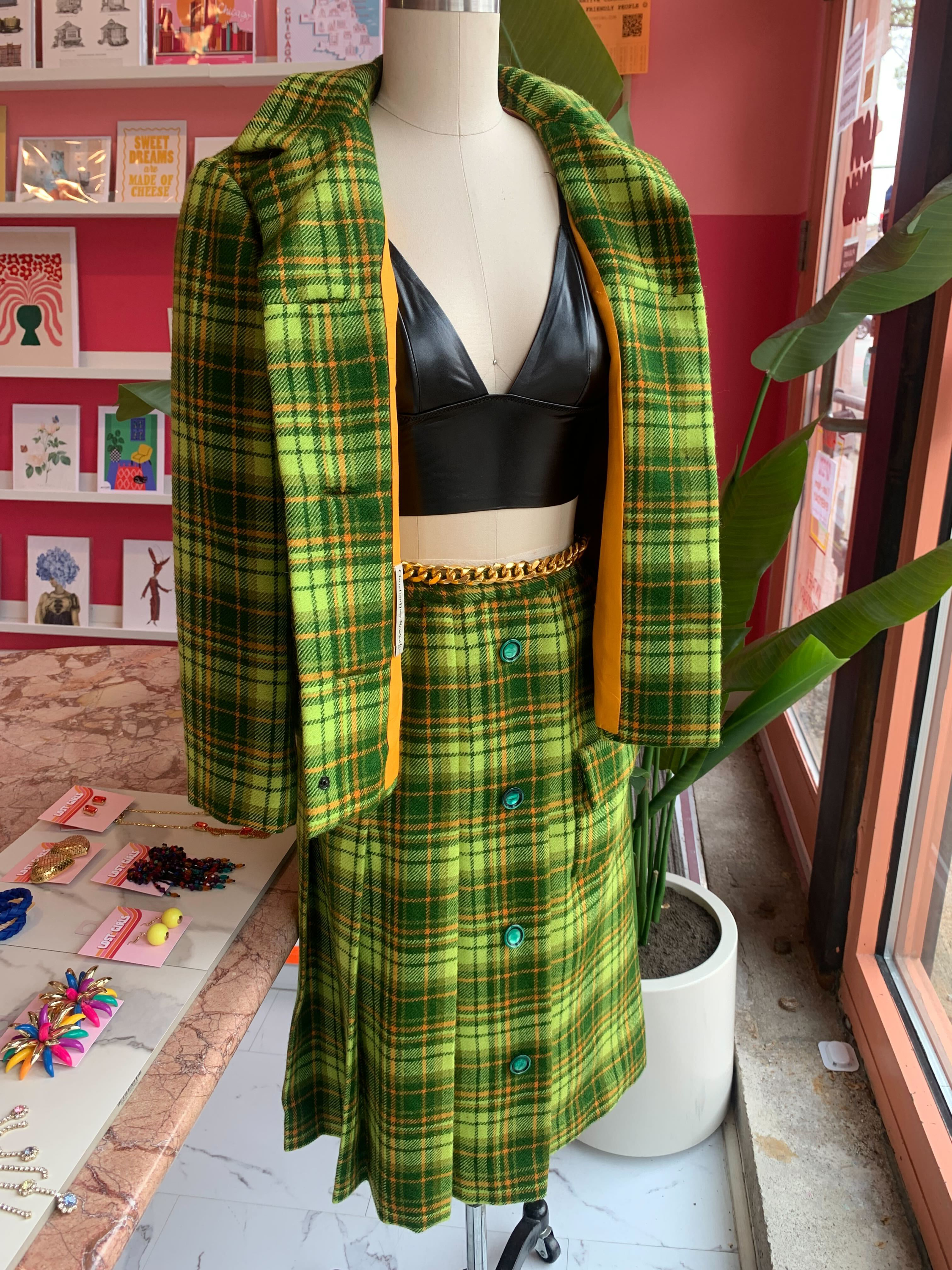 1960s Dior New York Lime Green Plaid Skirt Set, sz. M – Lost Girls 1960s Dior New York Lime Green Plaid Skirt Set, sz. M – Lost Girls