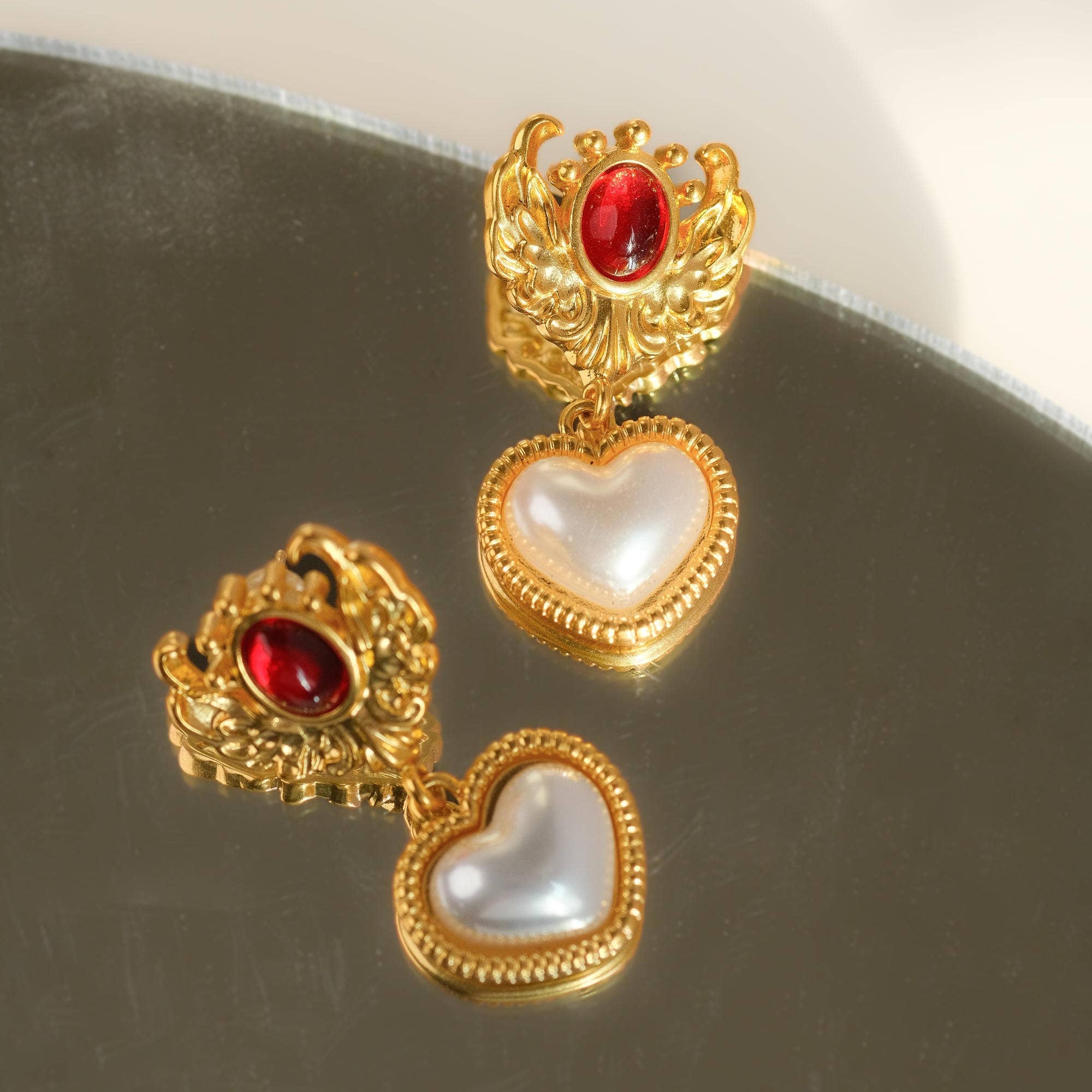 Adele Gold Heart Pearl Earrings