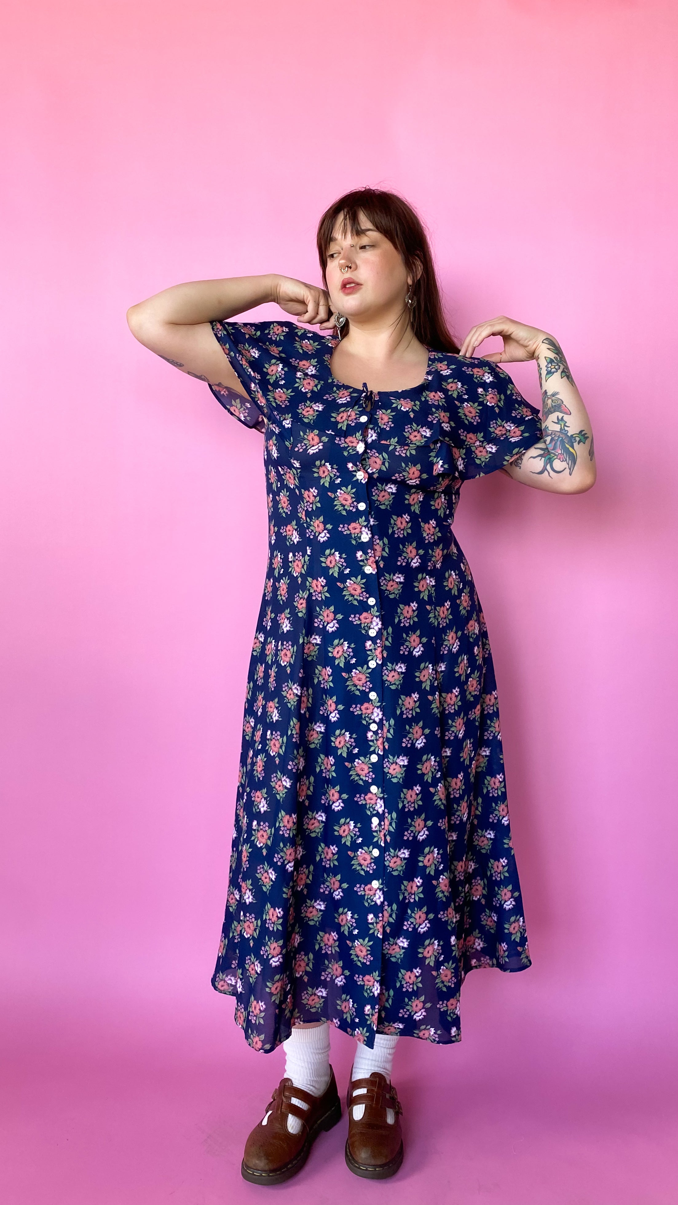 Lost Girls Vintage 1980s Navy Blue Flouncy Floral Dress Sz. XL