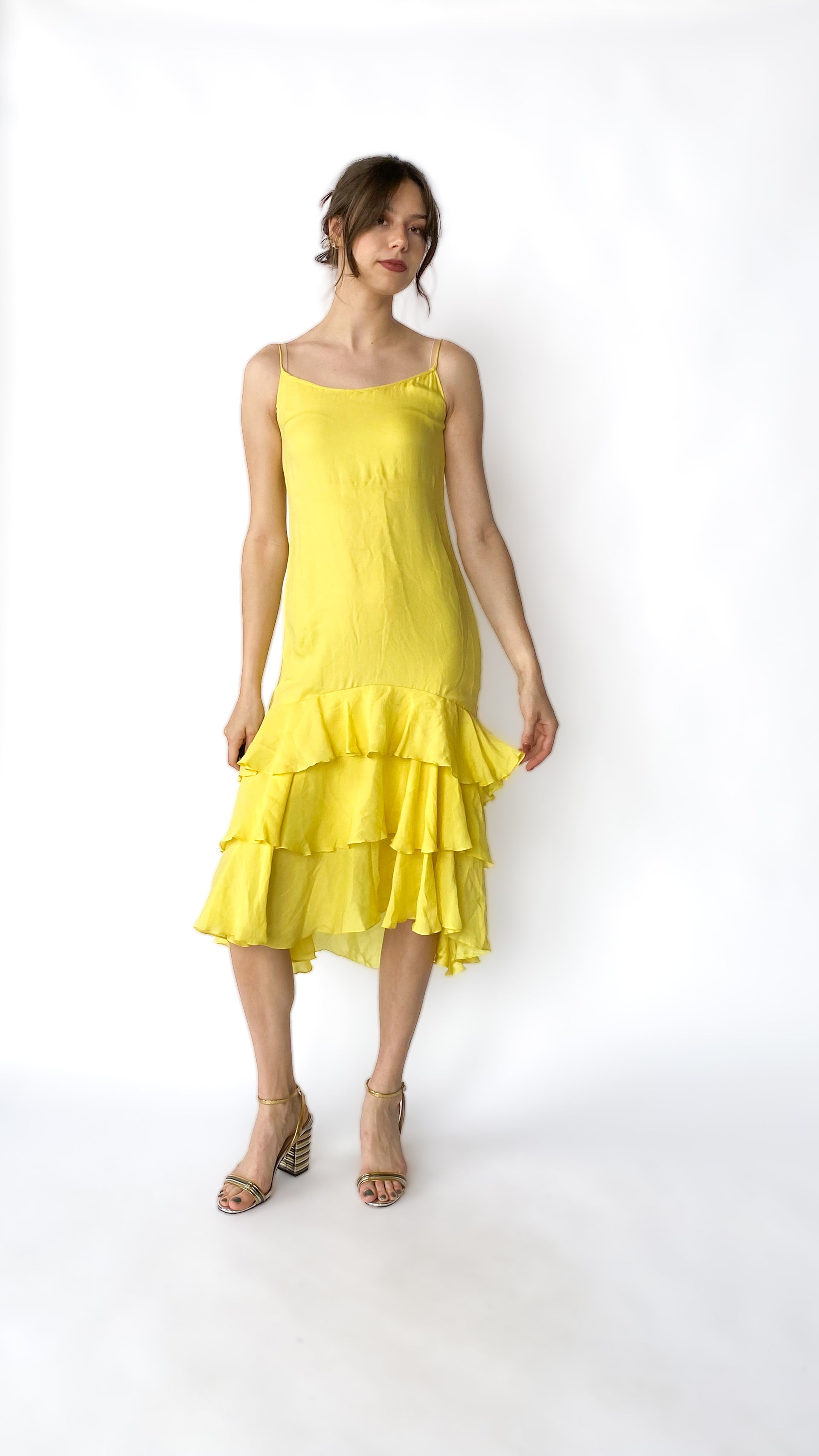 yellow silk ruffle dress Y2K Yellow Silk Ruffle Dress, sz. XS/S