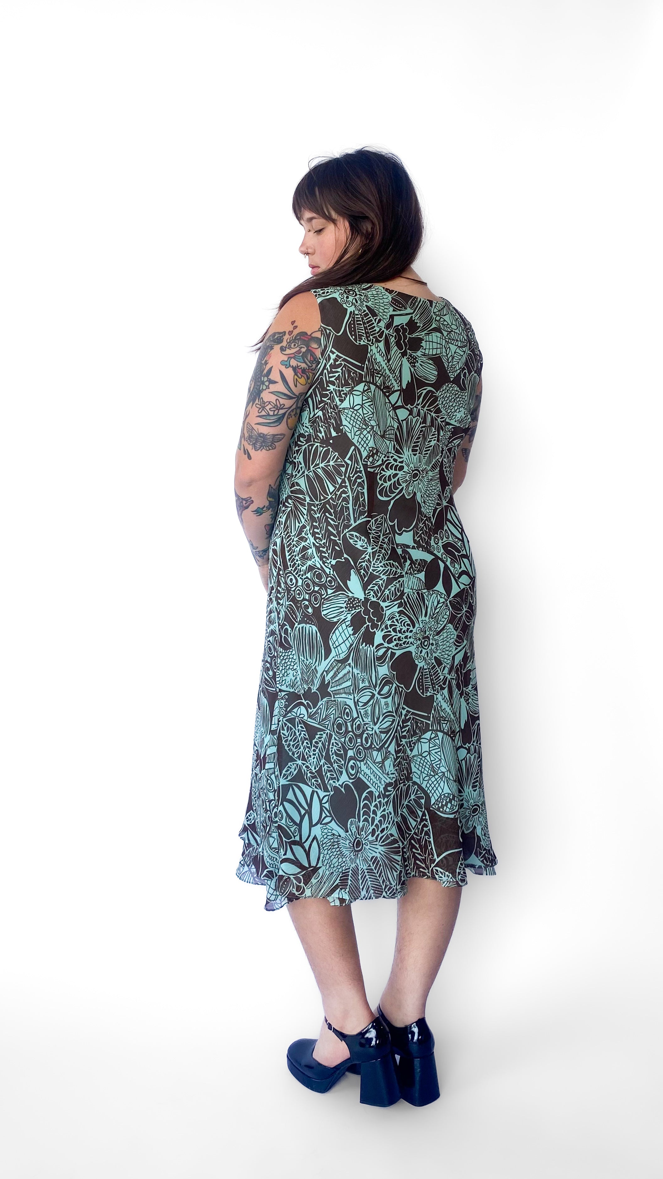 Y2K Blue and Brown Geometric Floral Dress, sz. 1XL Y2K Blue and Brown Geometric Floral Dress, sz. 1XL