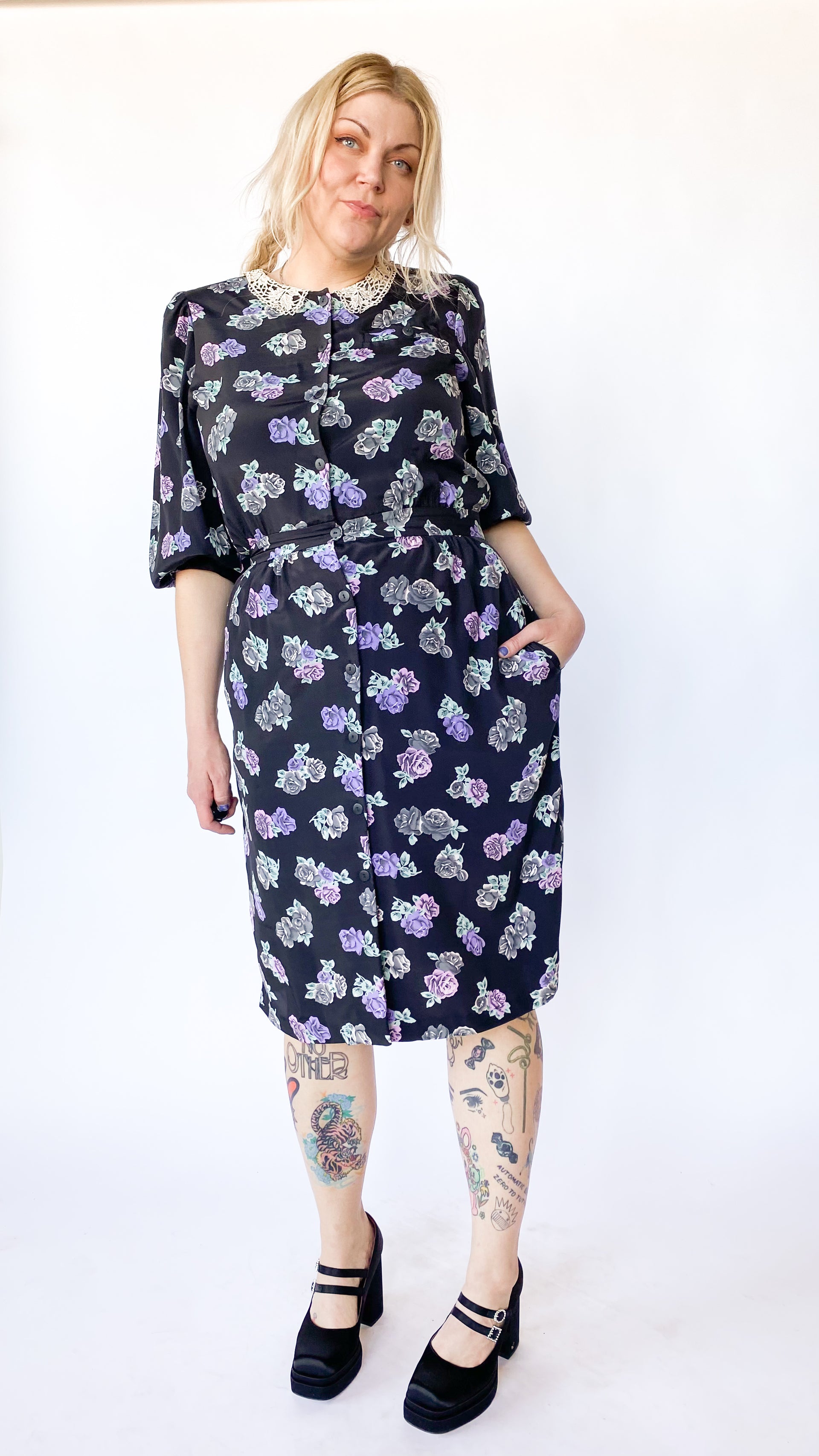 1980s Black Floral Lace Collar Dress, Sz. L