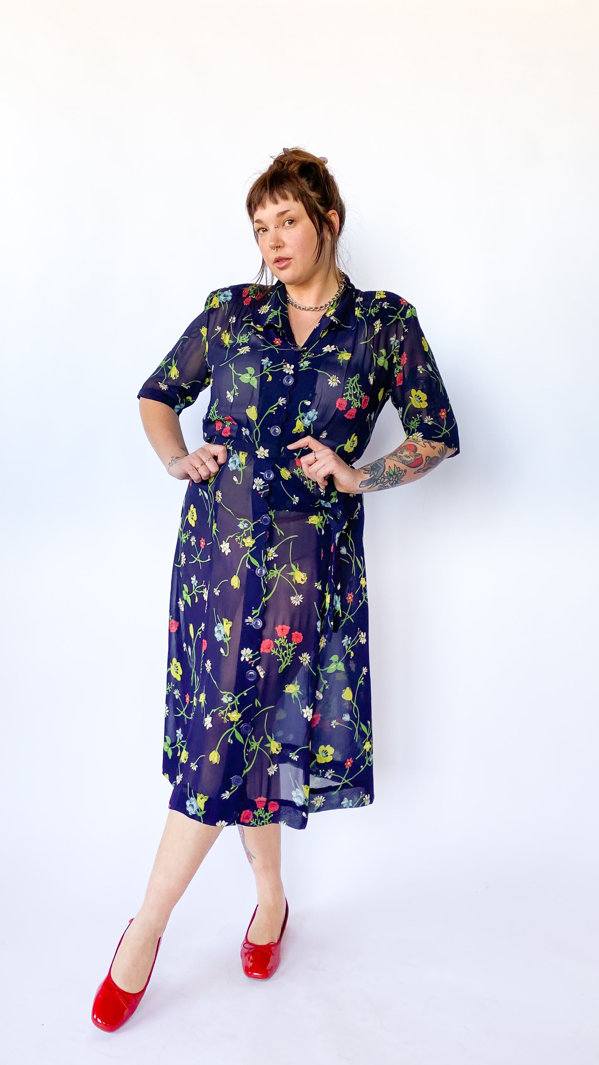 1940s Sheer Navy Floral Button Down Dress, sz. XL