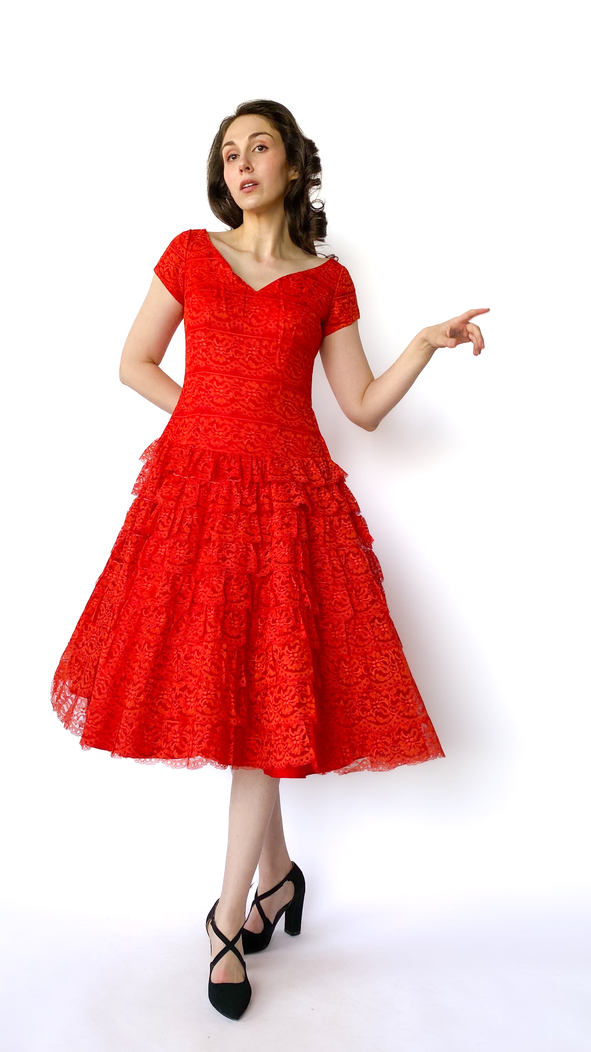 1950s Red Orange Ruffle Lace Party Dress, sz. S 1950s Red Orange Ruffle Lace Party Dress, sz. S