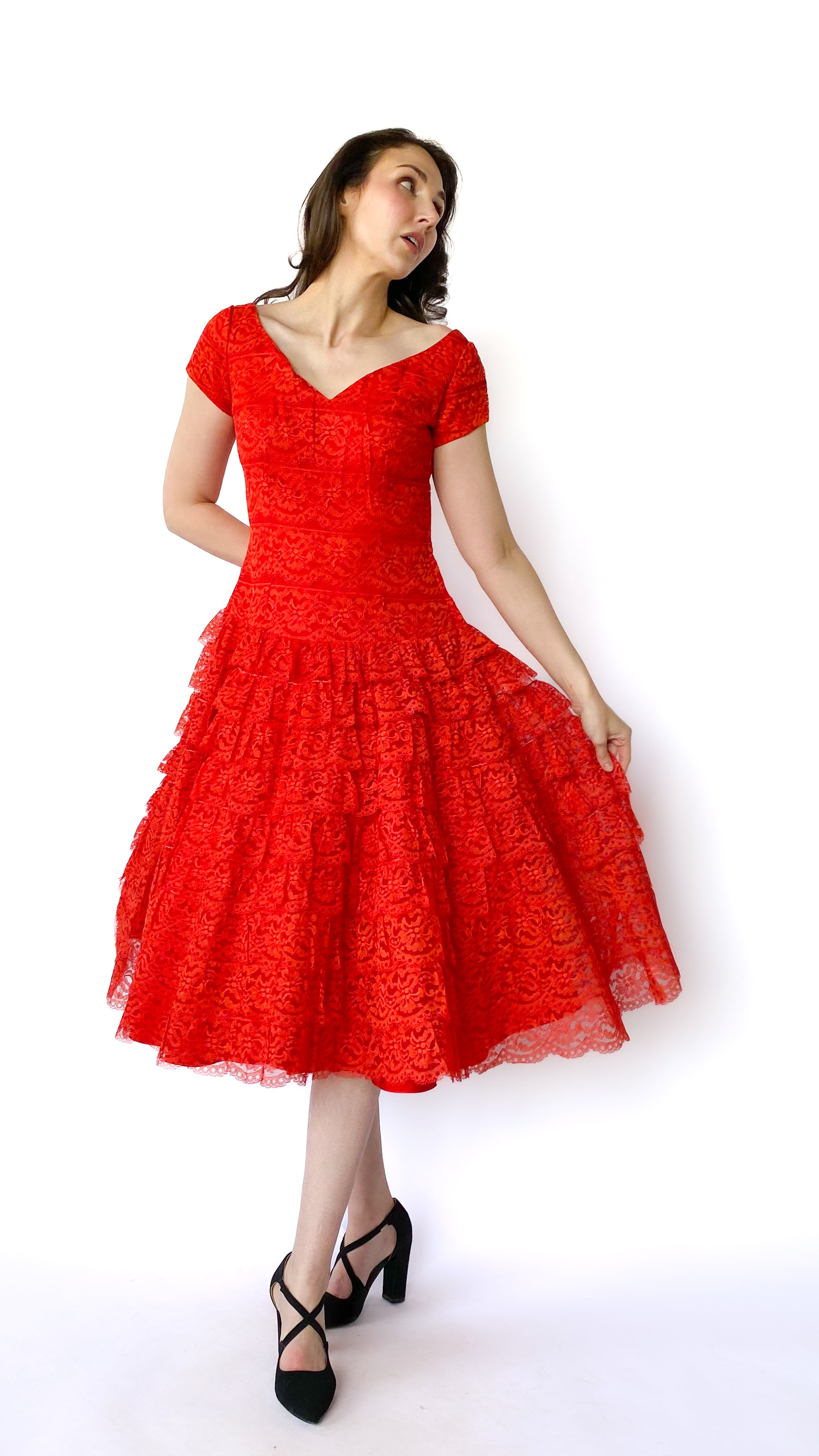 1950s Red Orange Ruffle Lace Party Dress, sz. S 1950s Red Orange Ruffle Lace Party Dress, sz. S