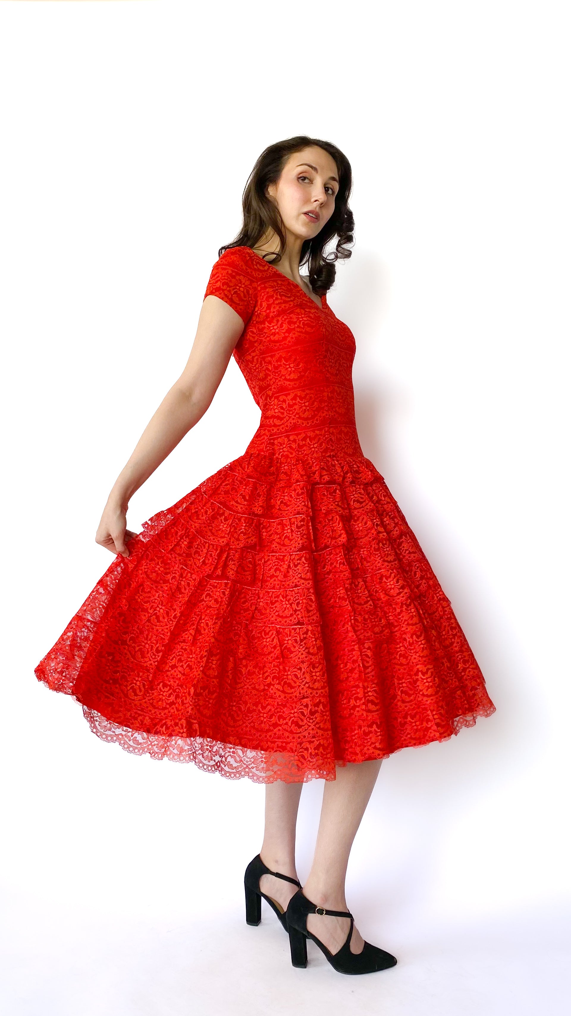 1950s Red Orange Ruffle Lace Party Dress, sz. S 1950s Red Orange Ruffle Lace Party Dress, sz. S