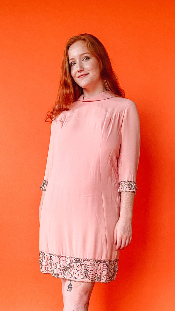 1960s Pink Shift Dress with Bead Trim, sz. L