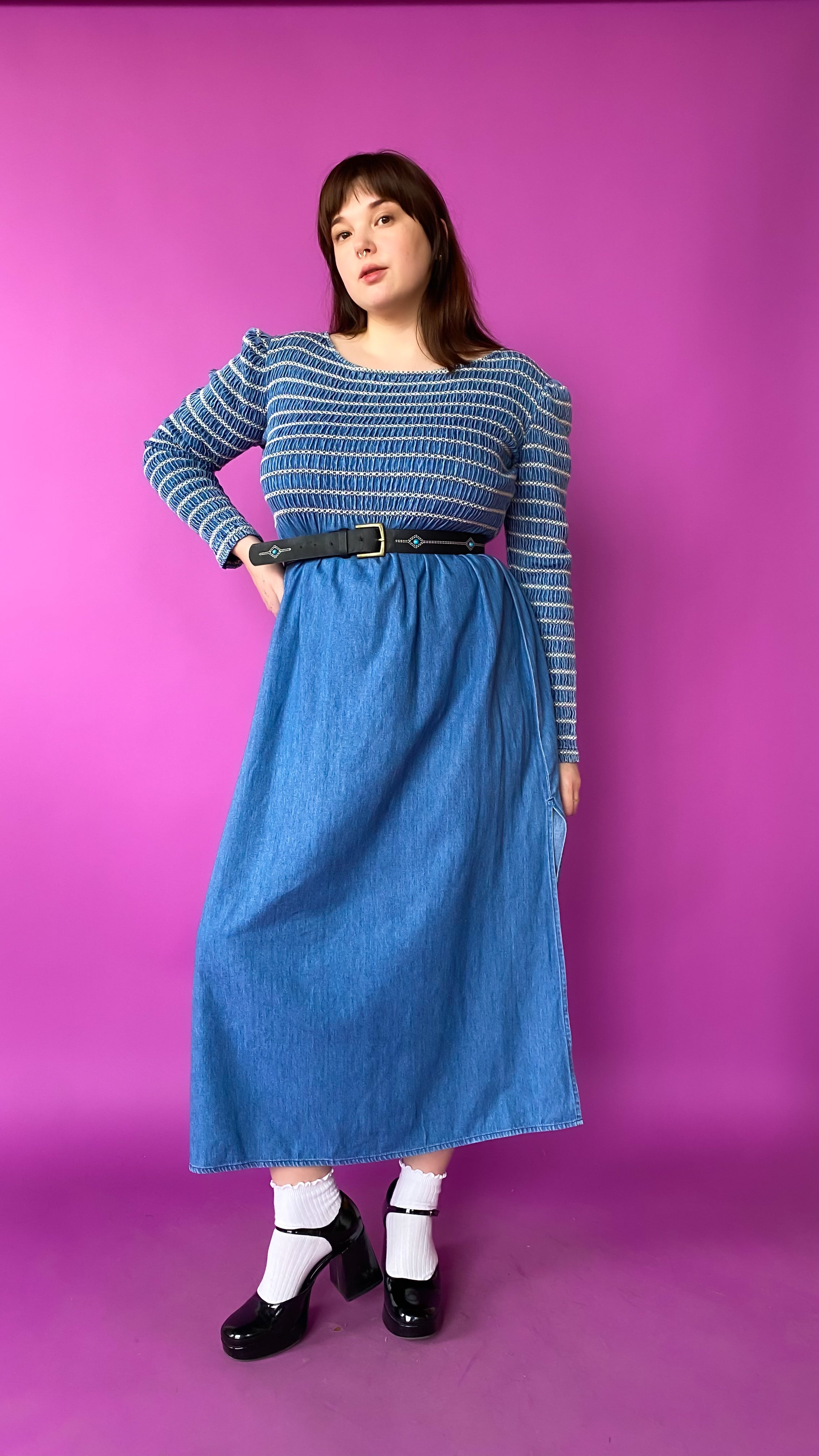 Smocked denim dress sales