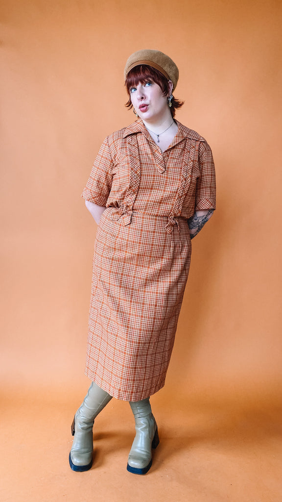 1960s Orange Plaid Collared Midi Dress, sz. M/L