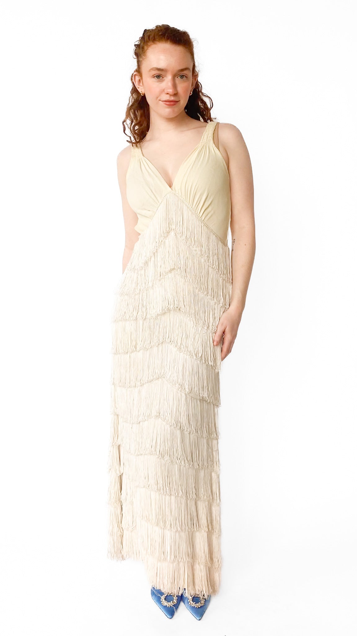 1930s Ivory Fringe Gown, Sz. Xs-M 1930s Ivory Fringe Gown, Sz. Xs-M
