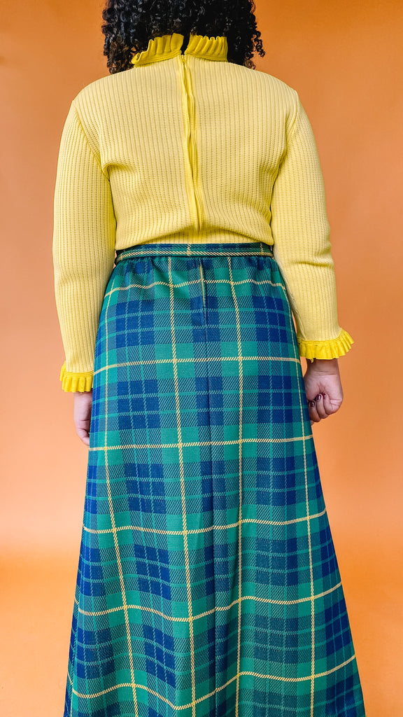 1970s Yellow & Green Plaid Maxi Dress, sz. L