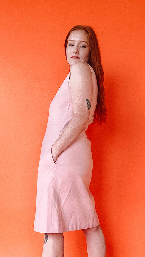 1960s Pink Linen Sheath Dress, sz. M/L