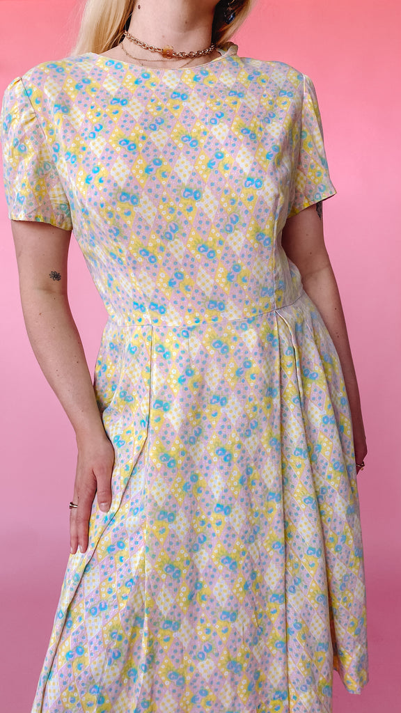 1960s Pastel Diamond Print Dress, sz. L
