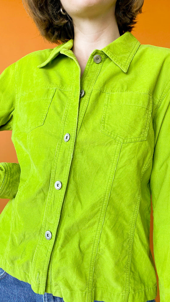 1990s Lime Corduroy Button Up Jacket, sz. M/L