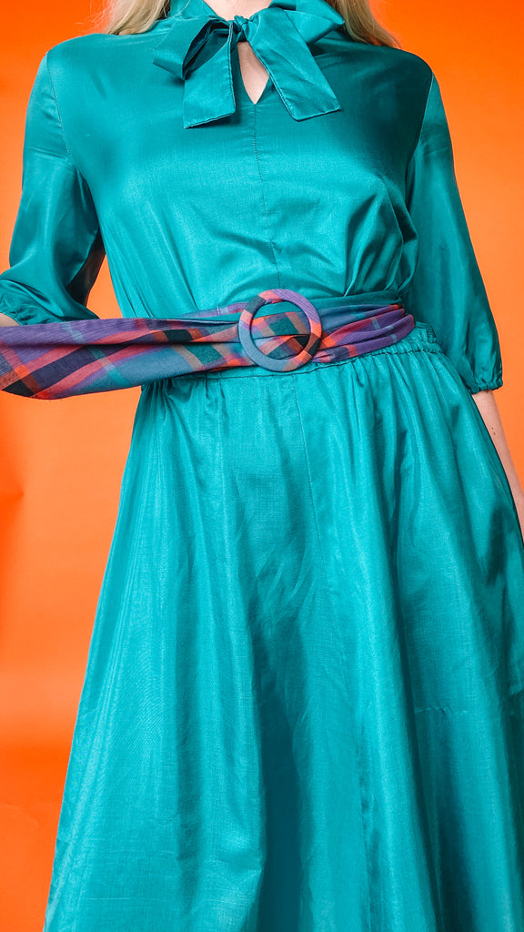 1980s Teal Belted Midi Dress, sz M/L