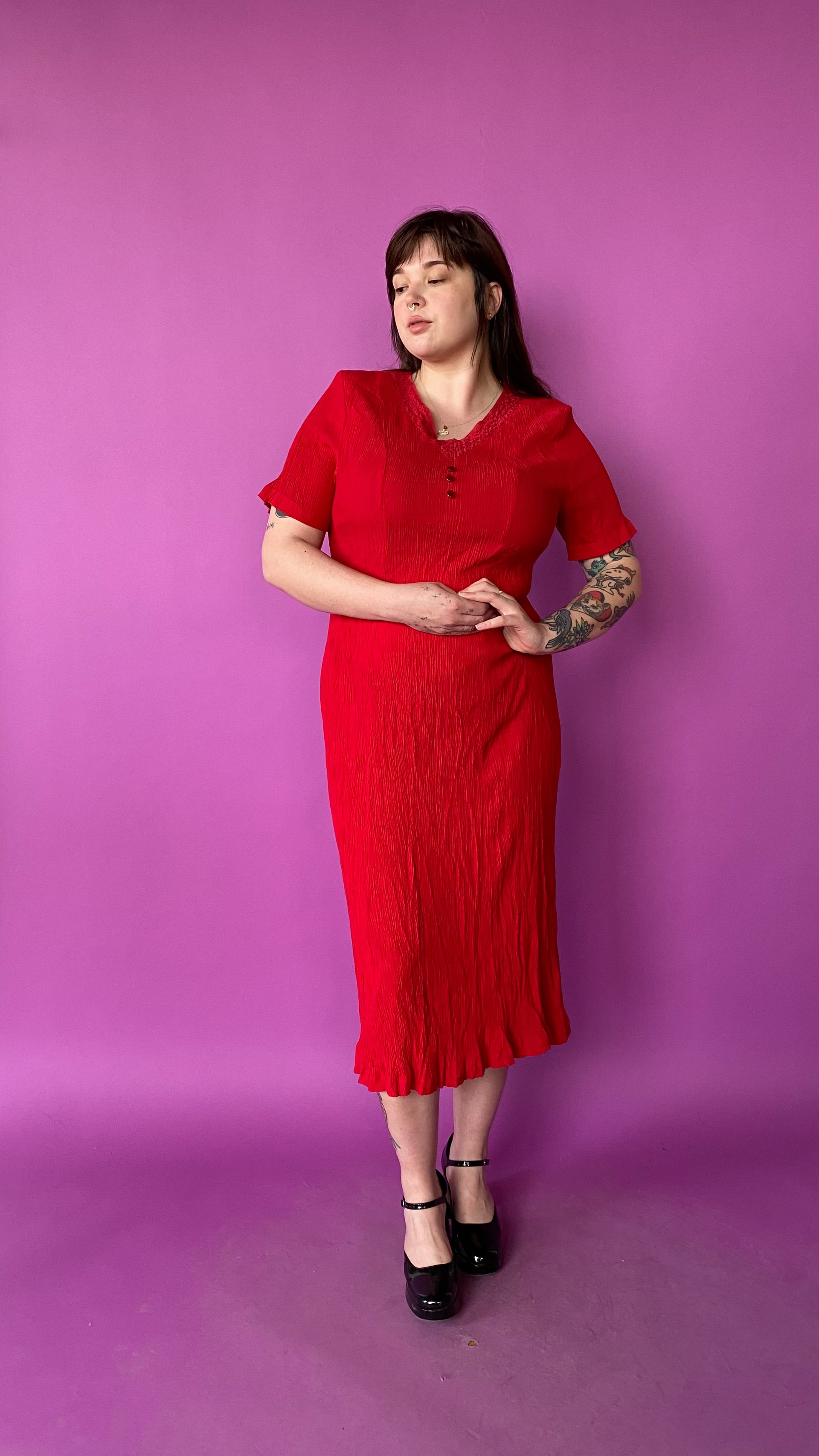 1990s Red Crinkle Dress, Sz. 3XL