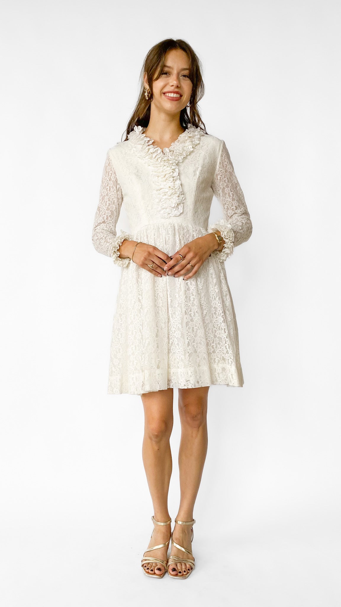 1960s White Lace Long Sleeve Mini Dress, sz. S