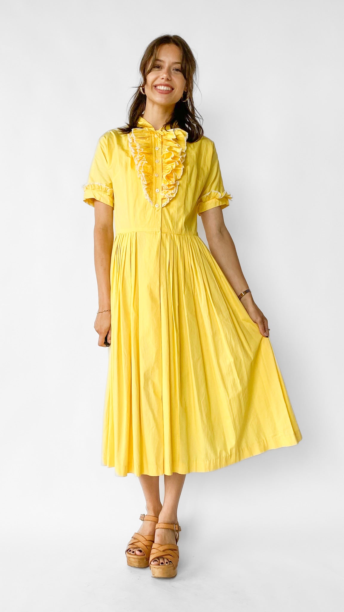 1950s Yellow Ruffled Shirt Dress, sz. M