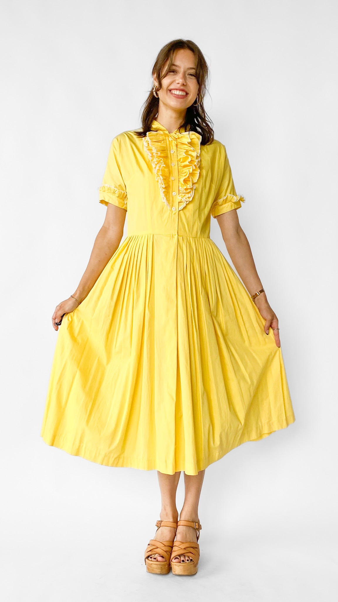 1950s Yellow Ruffled Shirt Dress, sz. M