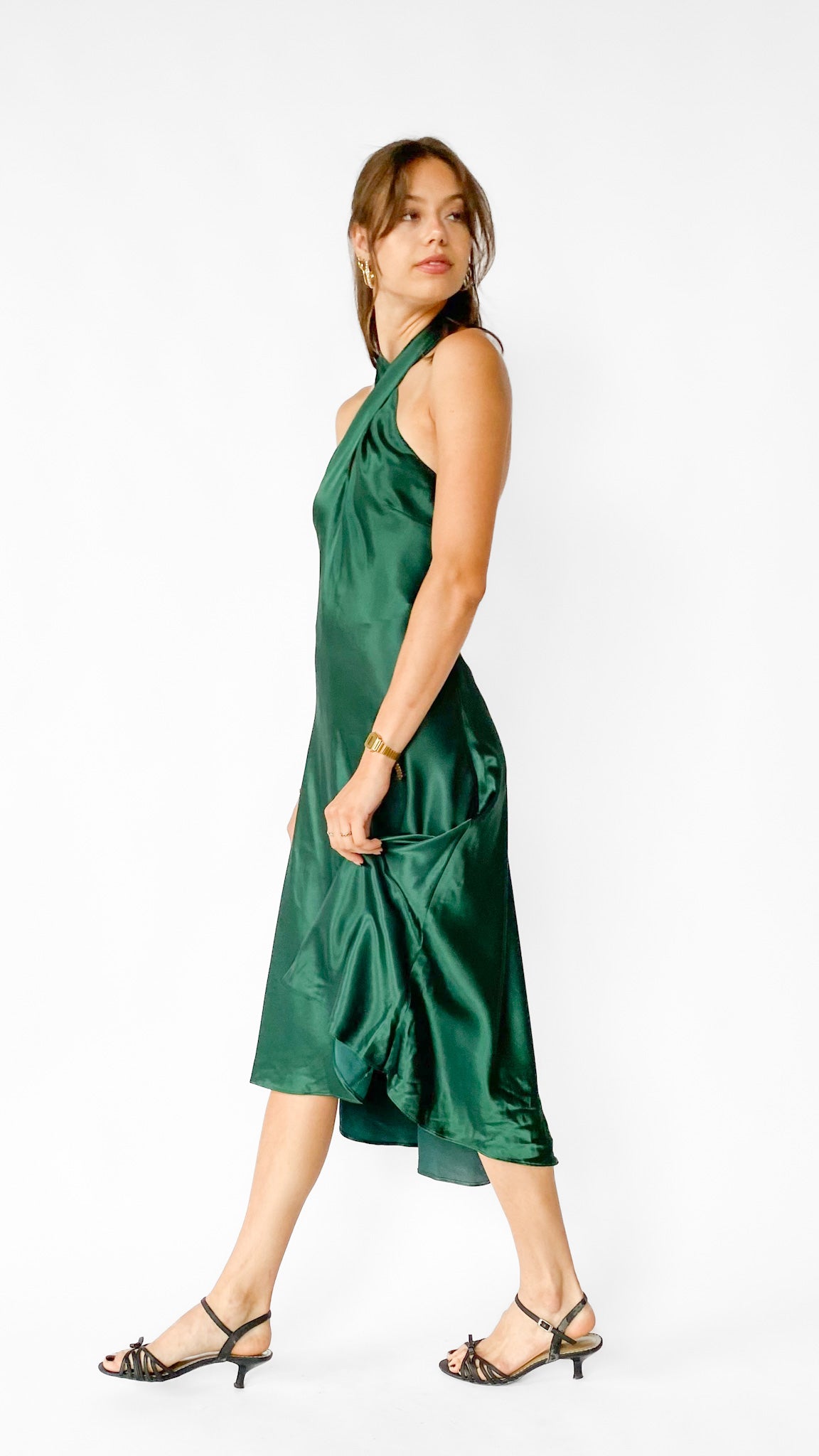 Y2K Emerald Bias Cut Halter Dress, sz. XS-S – Lost Girls Vintage