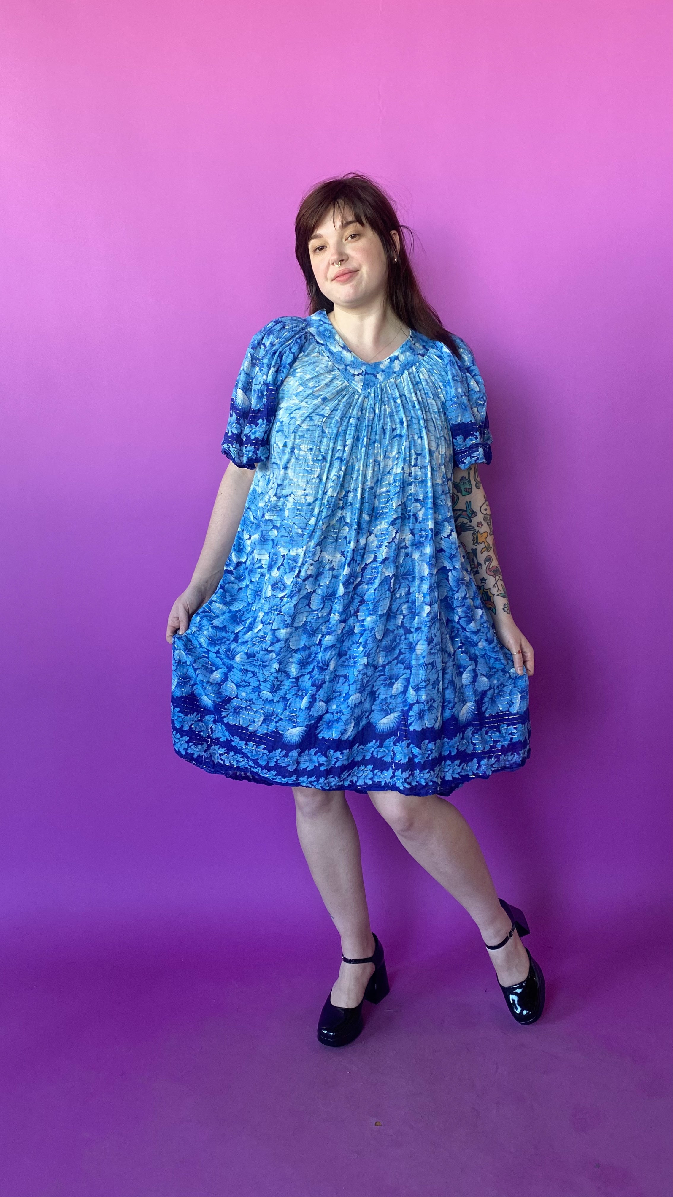 1970s Shades of Blue Gauzy Cotton Dress, Sz. Open Size 1970s Shades of Blue Gauzy Cotton Dress, Sz. Open Size