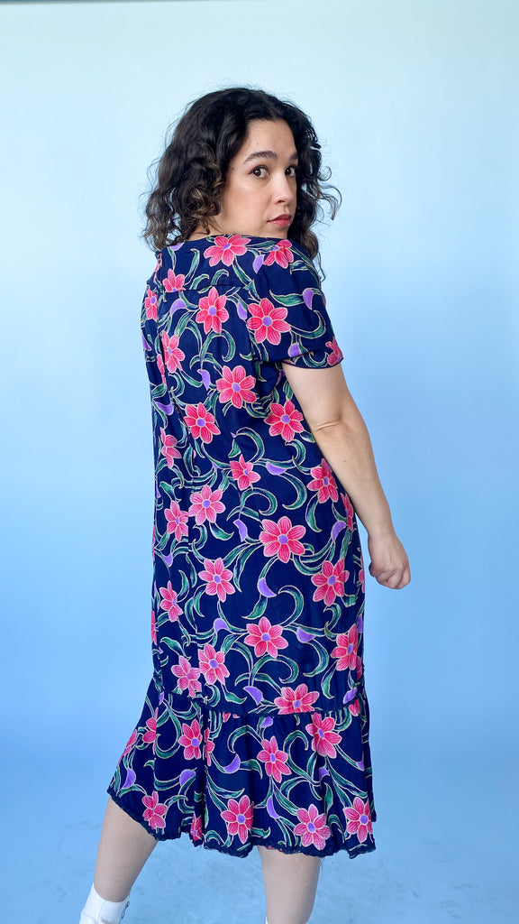 1980s Navy and Pink Floral Cut Out Dress, sz. M/L