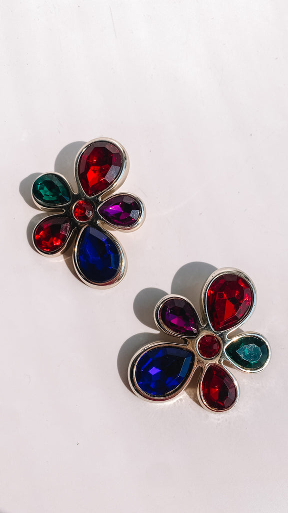 Vintage Groovy Rhinestone Flower Earrings