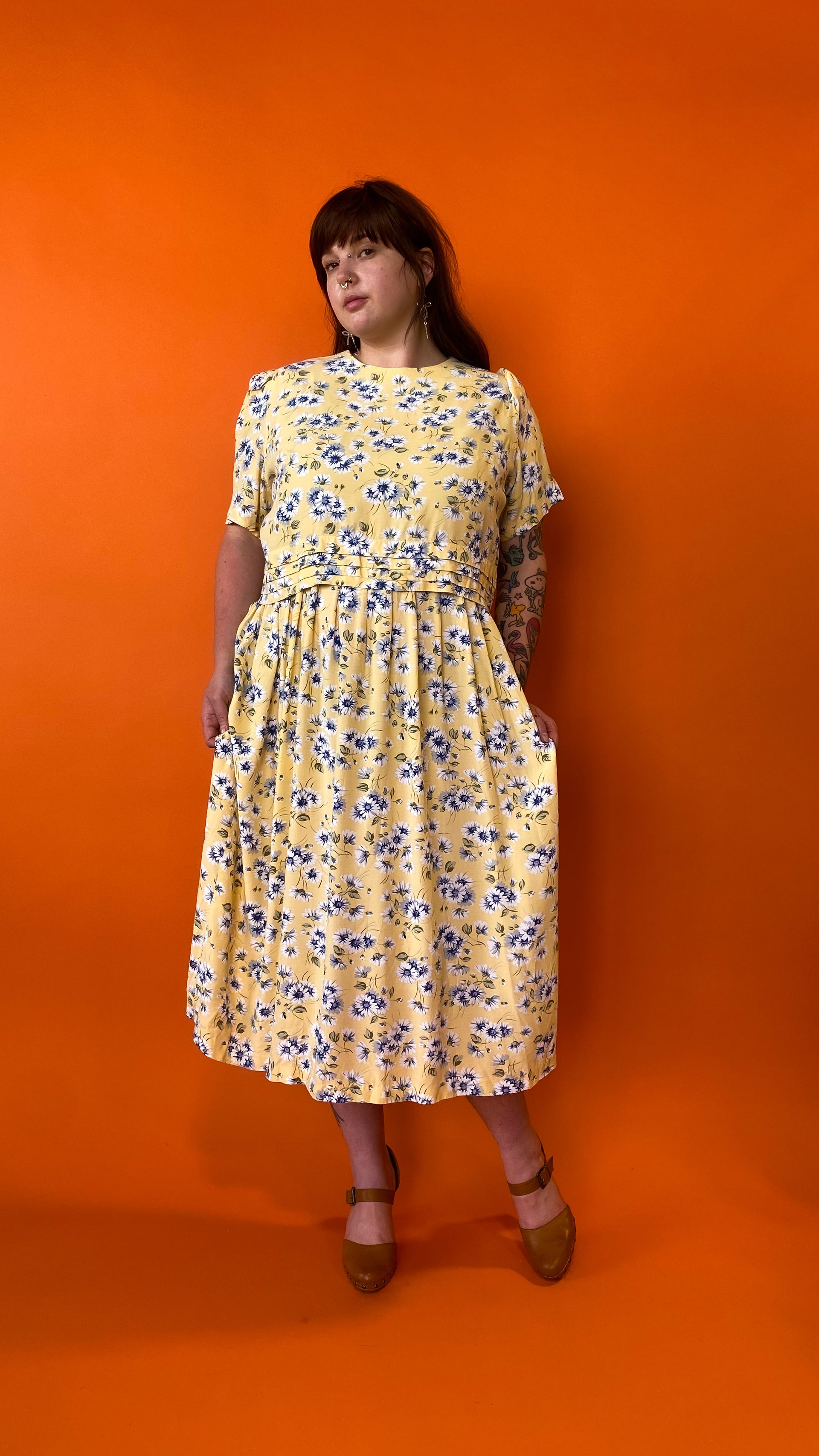 1990s Yellow Floral Dress, sz. 2XL