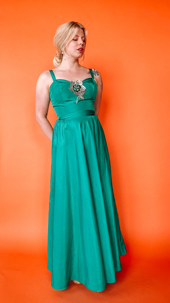 1980s Emerald Green and Silver Gown, sz. S